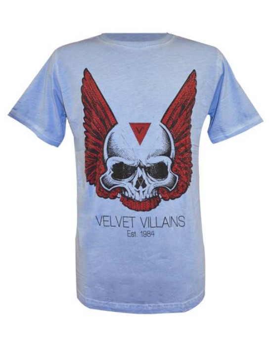 012-07 Velvet Villains Ανδρικό T-Shirt Πετροπλυμένο Skull Wings Γαλάζιο