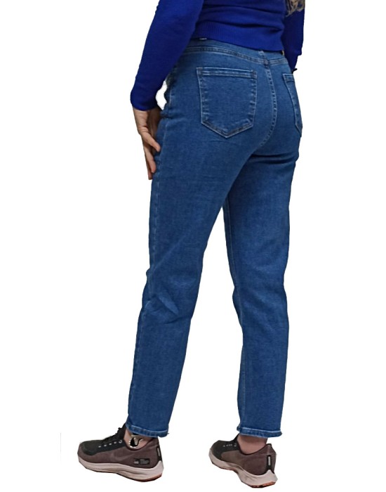 DENIM MI-401 Straight  Big Size Γυναικείο Τζιν Παντελόνι  Στρας Βαμβάκι Σκούρο Μπλέ