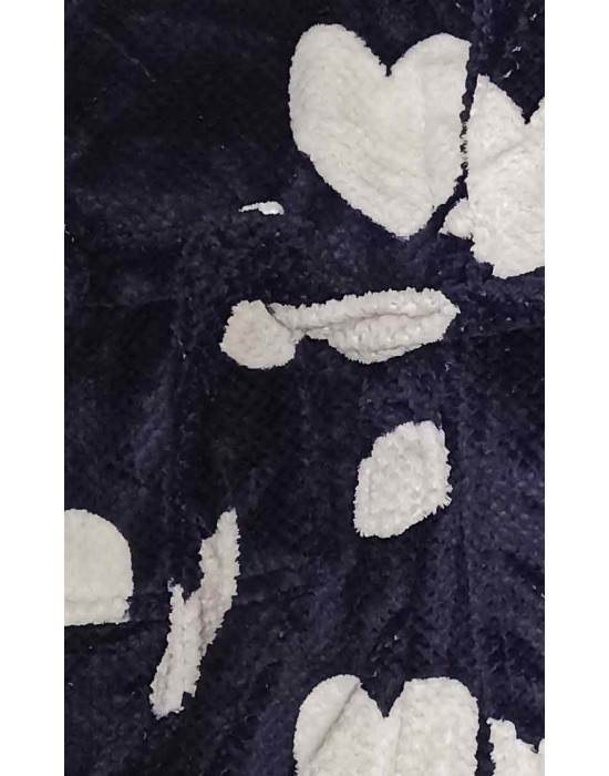 9251-01 CARESS Γυναικεία Fleece Μακριά Ρόμπα Με Σχέδιο Καρδούλες ΣΚΟΥΡΟ ΜΠΛΕ